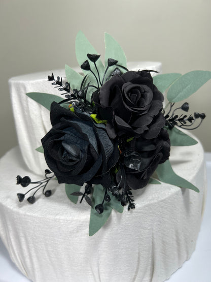 Cake Decoration Black Wedding Topper Decor Flower Cake Arrangement Sage Black Cake Decoration Black Artificial Flower Cake Decor