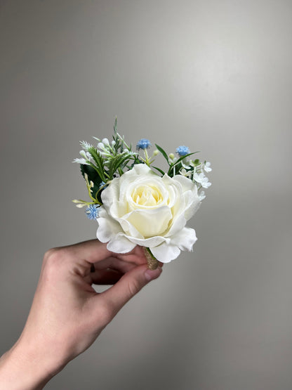 White Boutonniere Wedding Groom Ivory Groomsmen Boutonnière Ivory Artificial Flowers Eucalyptus Blue White Rose Classic Boutonniere Blue