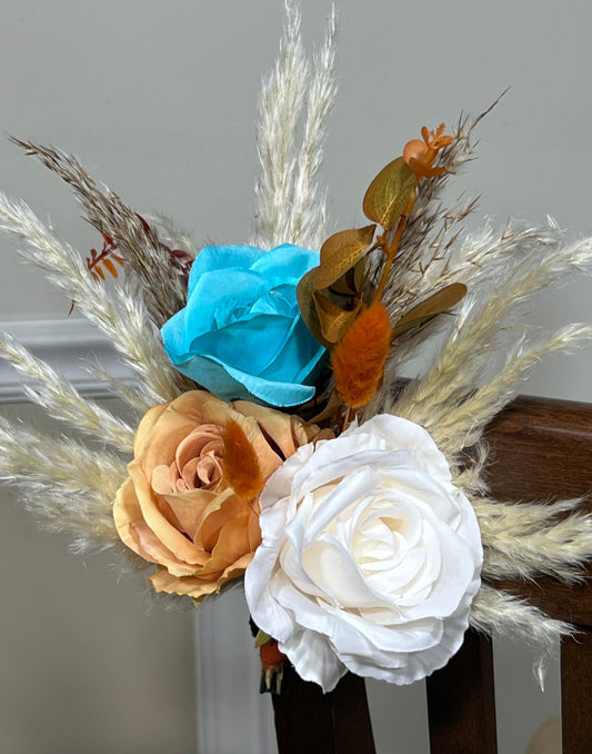 Pew Decor Wedding Orange Aisle Flowers Turquoise Aisle Arrangement Terracotta White Chair Decor Ceremony Decoration Artificial Flower