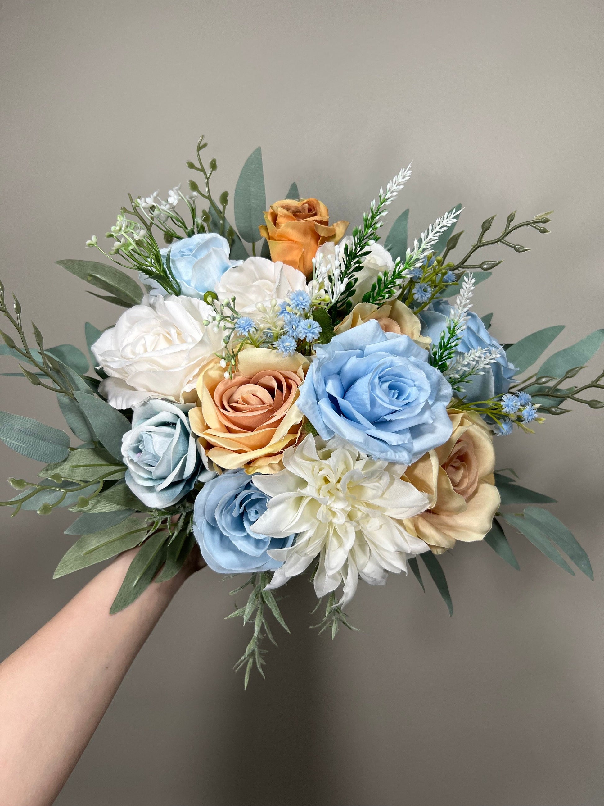 Orange Bouquet Blue Bridal Wedding Orange Rustic White Bridesmaids Bouquet Eucalyptus Greenery Ivory Orange Blue Artificial Flower