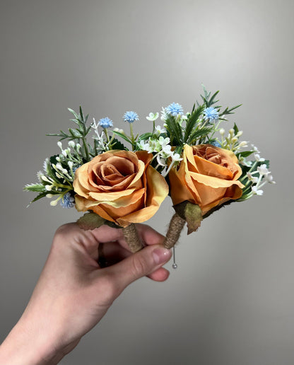 Orange Dusty Blue Bouquet Wedding Boho Terracotta Dusty Blue Bridal Bouquet Burnt Orange Blue Bridesmaids Bouquet Rust Pampas Grass