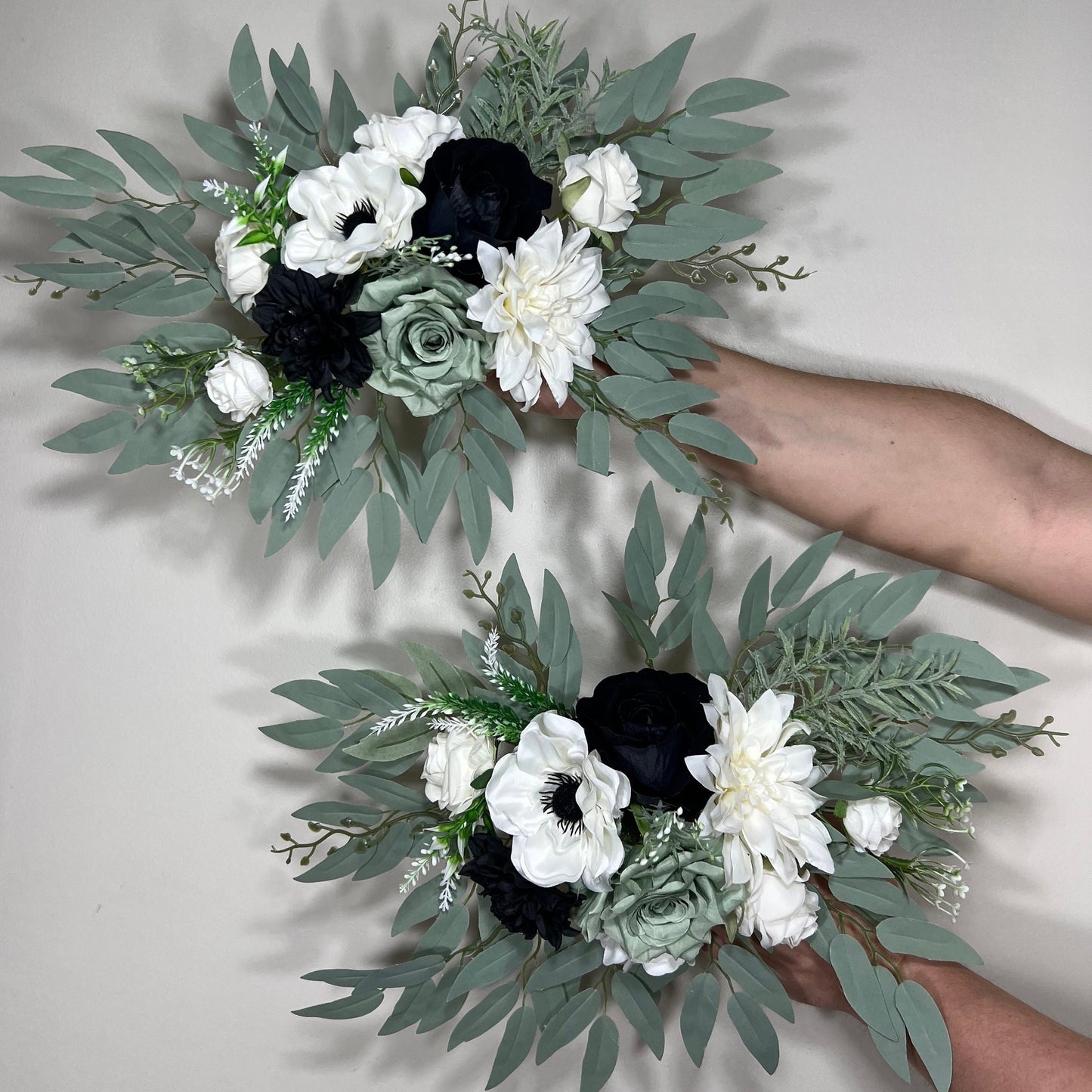 Sage Green Arch Arrangement White Anemone Arch Aisle Arrangement Ivory Decor Black Artificial Flowers Dusty Sage Green Eucalyptus Anemone