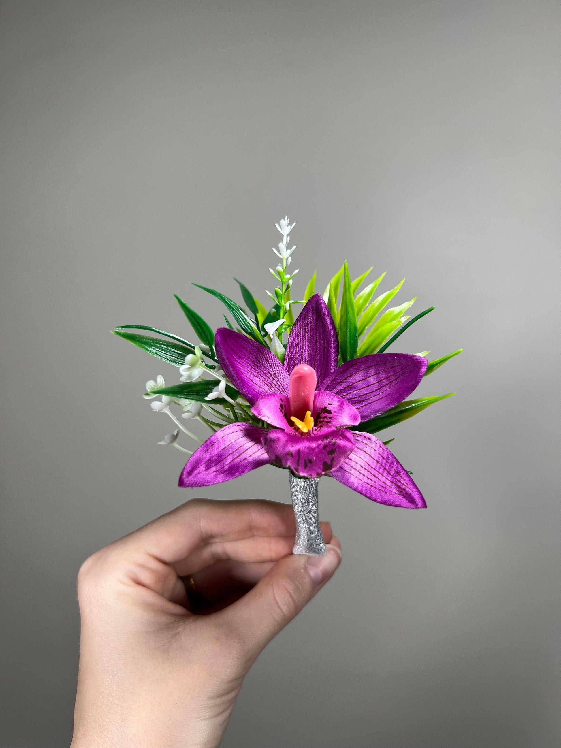 Purple Orchid Corsage Wedding Mom Square Boutonniere Pocket Beach Tropical Deep Purple Groomsmen Prom Artificial