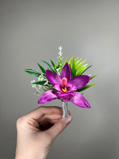 Purple Orchid Pocket Boutonniere Wedding Groom Orchid Square Boutonniere Beach Tropical Purple Groomsmen Pocket Boutonniere Prom Artificial