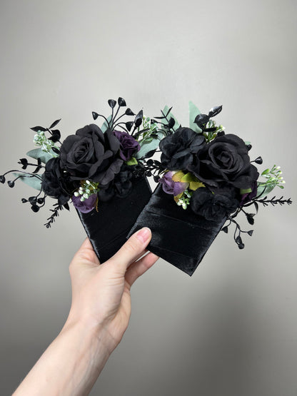 Black Pocket Boutonniere Wedding Groom Boutonnière Purple Square Groomsmen Pocket Boutonniere Black Wedding Sage Gothic Artificial Flowers