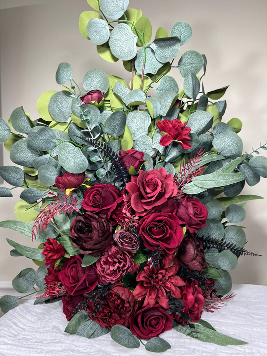 Wedding Aisle Marker Flower Floor Arrangement Whiskey Barrel Décor Burgundy Ground Arch Burgundy Barrel Flower Decor
