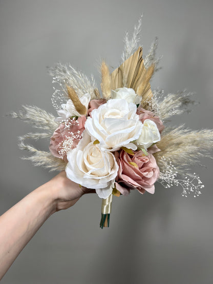 Wedding Dusty Rose Bouquet Boho Bridal White Dusty Rose Bouquet Pampas Grass Bridesmaids Bouquet Pink Palms Leaves Ivory Artificial Flower