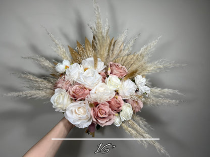 Wedding Dusty Rose Bouquet Boho Bridal White Dusty Rose Bouquet Pampas Grass Bridesmaids Bouquet Pink Palms Leaves Ivory Artificial Flower