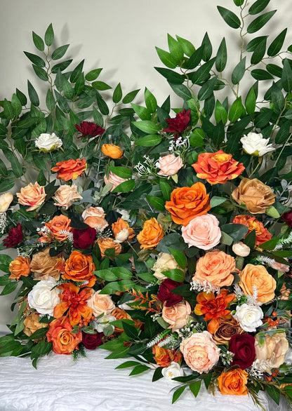 Wedding Aisle Marker Flower Floor Arrangement Whiskey Barrel Décor Orange Ground Arch Burnt Orange Burgundy Terracotta