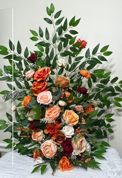 Wedding Aisle Marker Flower Floor Arrangement Whiskey Barrel Décor White Orange Ground Arch Burgundy Ivory Terracotta Peach Burnt