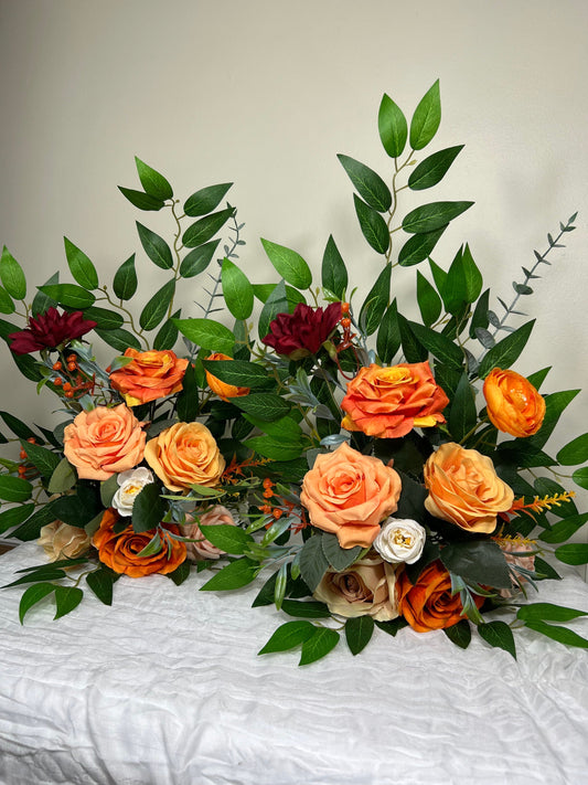 Wedding Aisle Marker Flower Floor Arrangement Whiskey Barrel Décor Orange Ground Arch Burgundy Ivory Burnt Orange Peach Flower