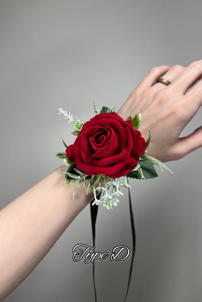 Red Corsage Wedding Wrist Corsage Red Bridesmaids Burgundy Corsage Pine Cone Winter Christmas Red Corage Artificial Flowers