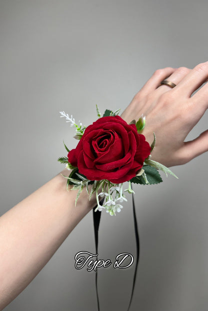 Wedding Christmas Corsage Red Gold Wedding Wrist Corsage Red Bridesmaids Burgundy Corsage Pine Cone Winter Artificial Flowers