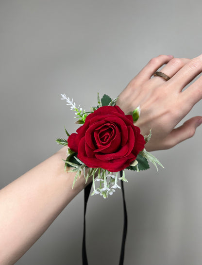 Red Corsage Wedding Wrist Corsage Red Bridesmaids Burgundy Corsage Pine Cone Winter Christmas Red Corage Artificial Flowers