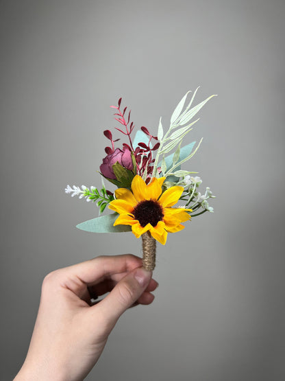 Sunflower Boutonniere Groom Boutonnières Burgundy Groomsmen Sunflower Burgundy Boutonnière Groom Fall Sunflower Rustic Artificial Flowers