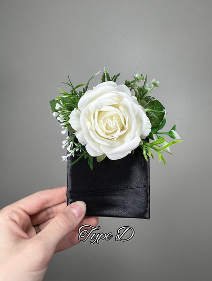 White Rose Pocket Boutonniere, Ivory Artificial Wedding Boutonniere, Groom Groomsmen Floral Pocket Square, Eucalyptus Greenery Boutonnière