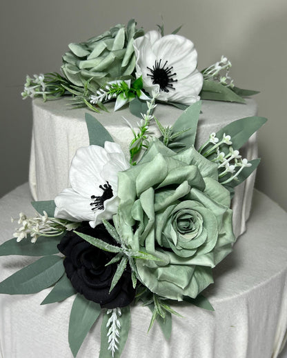 Dusty Sage Green Cake Decoration Black Wedding Topper Decor Flower Cake Arrangement Black Cake Decor White Anemone Artificial Flower Green