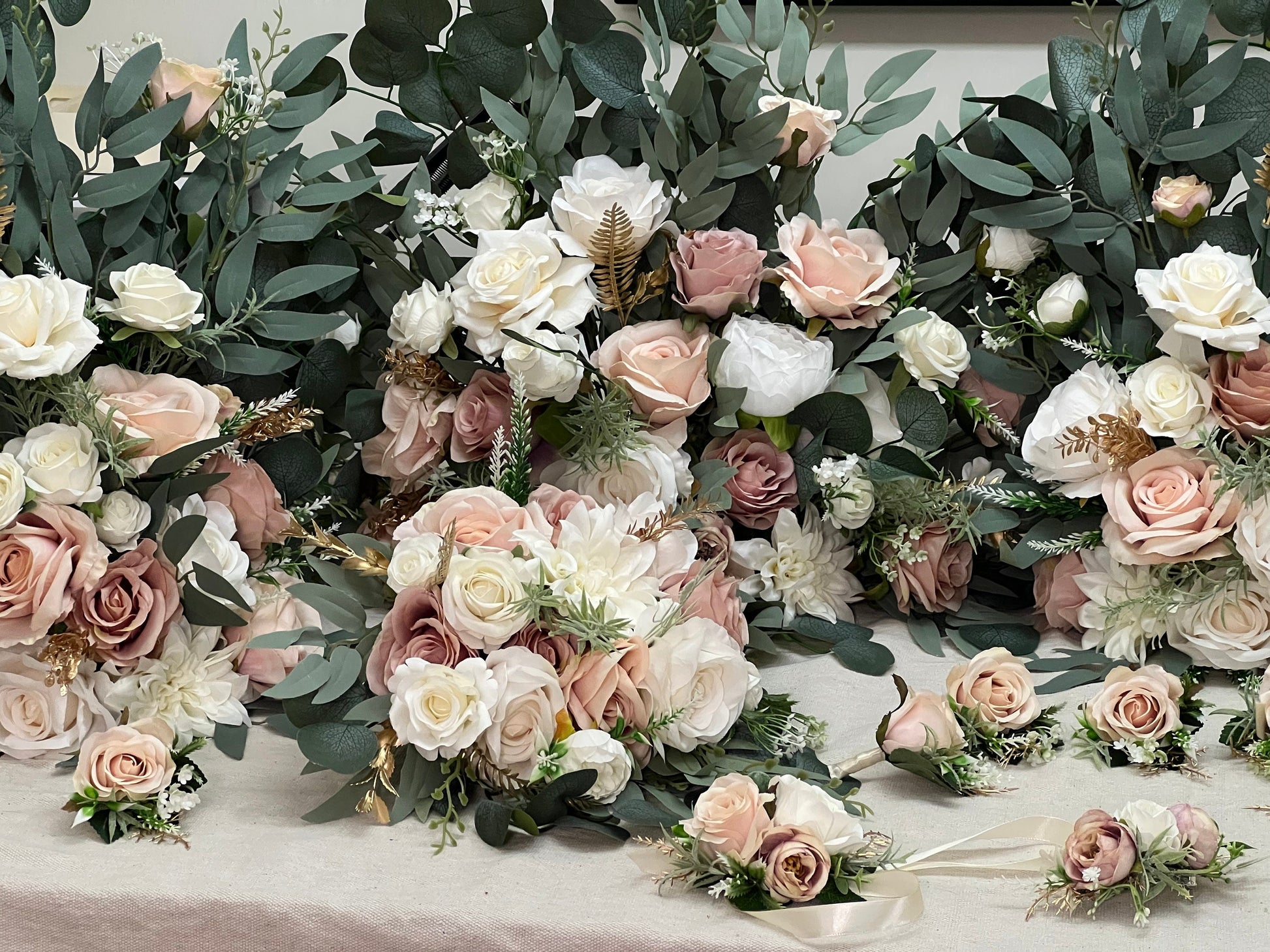 Wedding Floor Arrangement White Blush Pink Rose Dusty Ivory Gold Wedding Aisle Sweetheart Table Floor Arrangement Artificial Eucalyptus