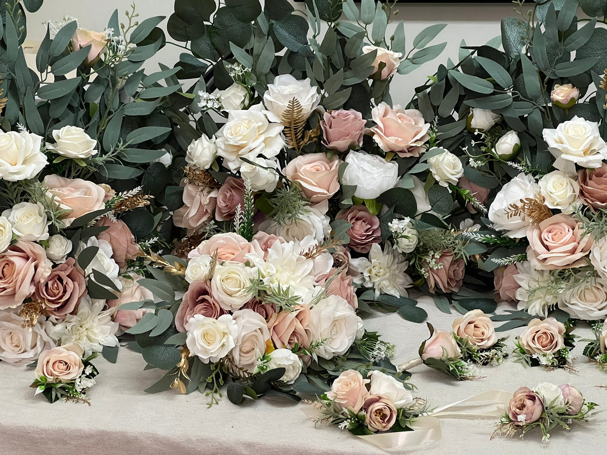 Wedding Floor Arrangement White Blush Pink Rose Dusty Ivory Gold Wedding Aisle Sweetheart Table Floor Arrangement Artificial Eucalyptus
