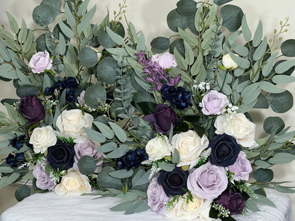Set of 2 Wedding Aisle Marker Flower Floor Arrangement Barrel Décor White Purple Ground Arch Navy Blue Lilac Plum