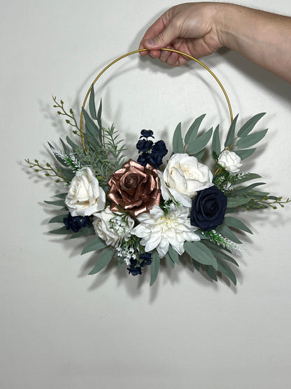 Wedding Hoop White Navy Blue Hoop Ivory Bridesmaids Ring Rose Gold Wreath Flower Girl Navy Blue Rose Gold Hoop Artificial Flower