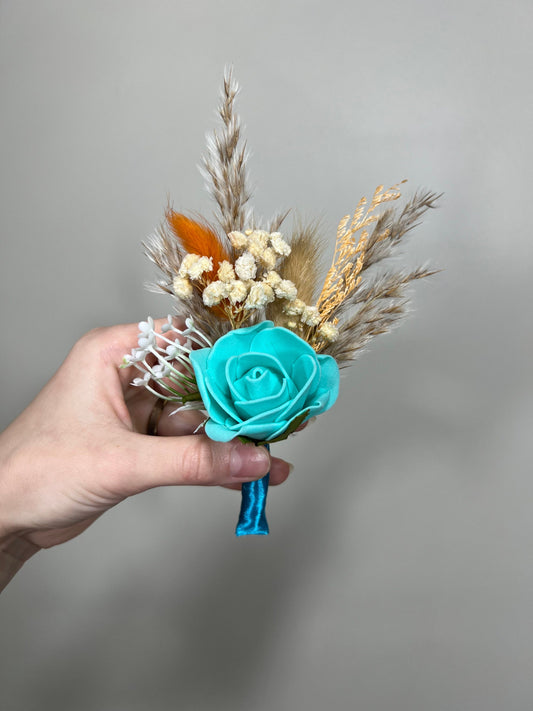 Boutonniere Turquoise Wedding Groom Teal Boutonnière Terracotta Orange Groomsmen Blue Boutonnière Rust Groom Aque Blue Artificial Flowers