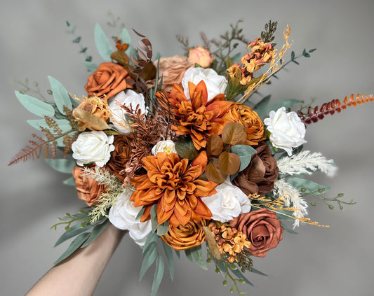 Burnt Orange Ivory Bouquet Bridal Terracotta Wedding White Bridesmaids Bouquet Burnt Orange Brown Bouquet Rust Cinnamon Artificial Flower