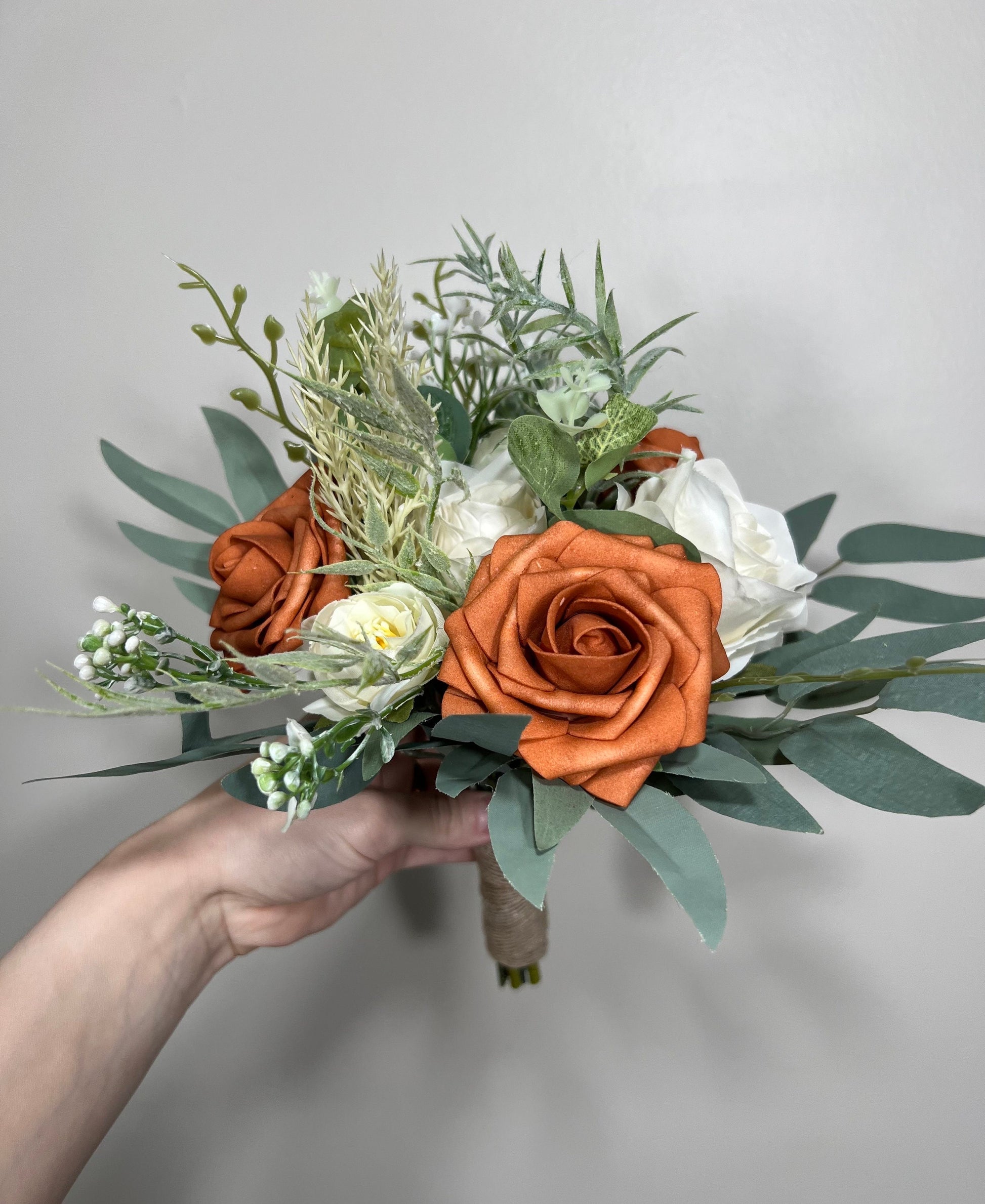 Burnt Orange Ivory Bouquet Wedding Bridal Terracotta Bouquet Rust Bridesmaids Bouquet Burnt Orange Bouquet Sage Boho Artificial Flower