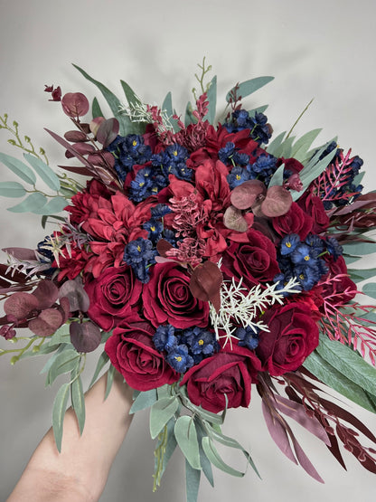 Wedding Bouquet Burgundy Navy Blue Bridal Bouquet Burgundy Blue Bridesmaids Bouquet Burgundy Navy Blue Artificial Flower