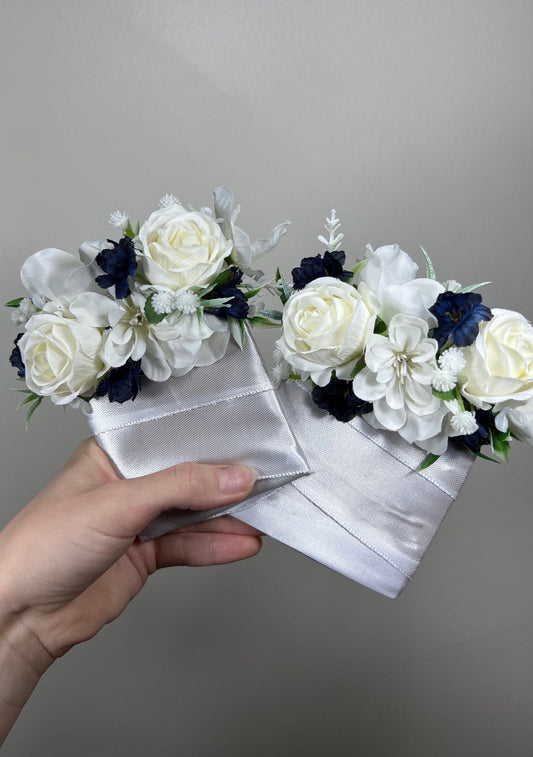 Wedding Pocket Boutonniere White Navy Blue Groom Boutonnière Square Groomsmen Navy Wedding Ivory Rustic Decor Artificial Flowers
