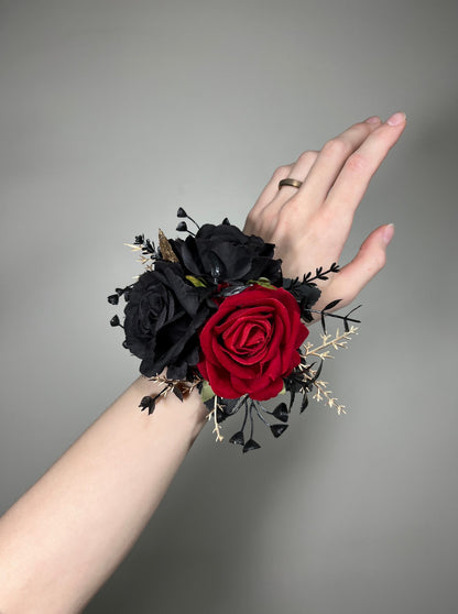 Black Corsage Red Wedding Gothic Wrist Corsage Bridesmaids Corsage Mom Black Corsage Red Gold Accessories Artiticial Flower