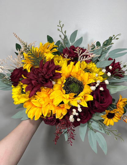 Sunflower Bouquet Wedding Bridal Sunflower Burgundy Bouquet Bridesmaids Fall Decor Sunflower Red Baby Breath Artificial Flower