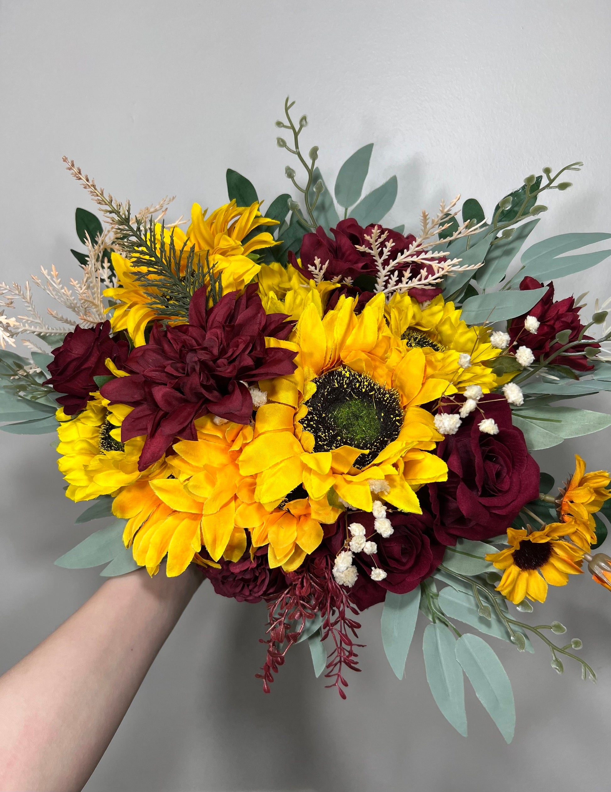 Wedding Bouquet Sunflower Boho Bridal Sunflower Wedding Burgundy Bouquet Bridesmaids Fall Decor Artificial Dried Flowers Baby Breath
