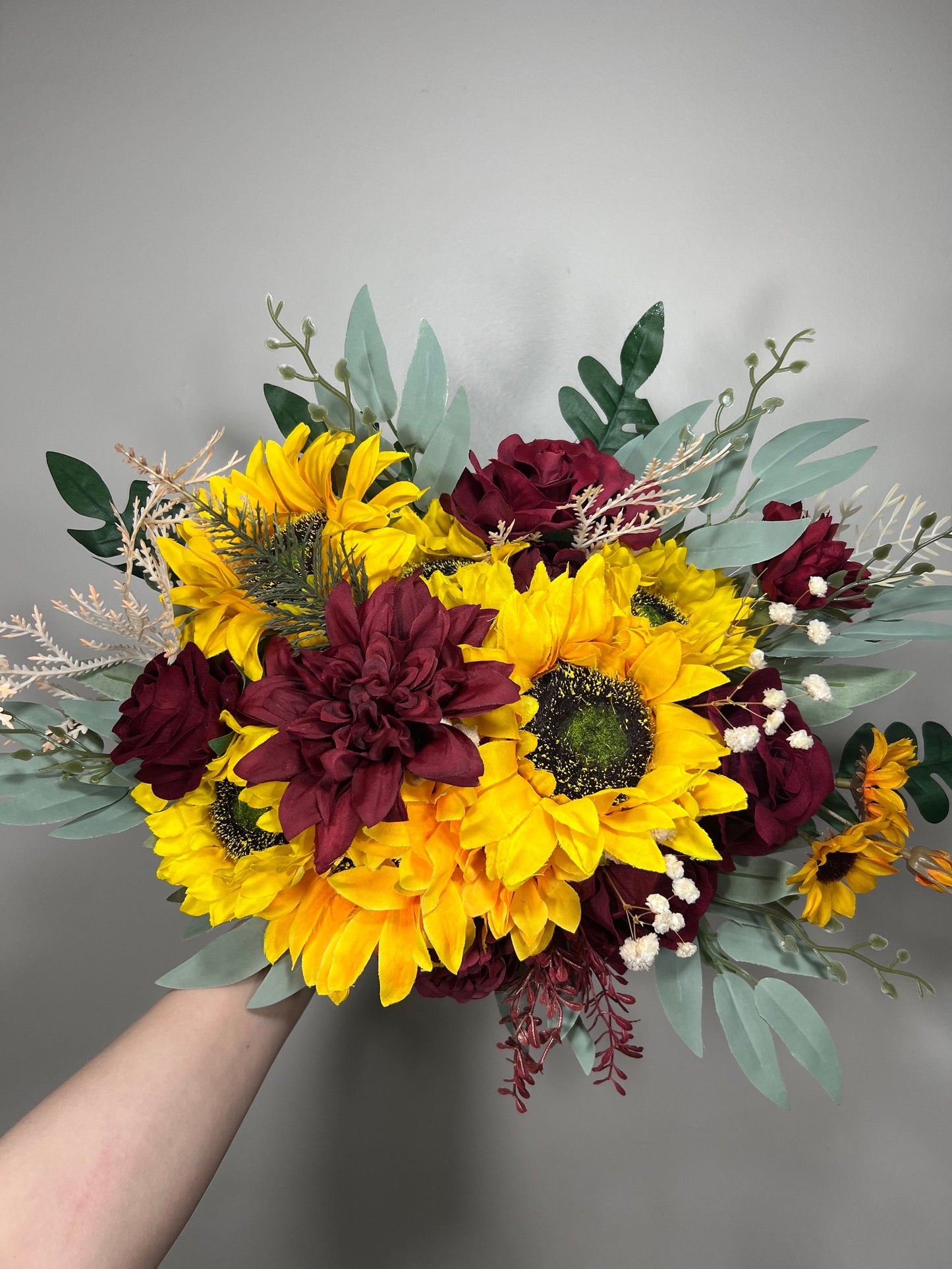 Wedding Bouquet Sunflower Boho Bridal Sunflower Wedding Burgundy Bouquet Bridesmaids Fall Decor Artificial Dried Flowers Baby Breath