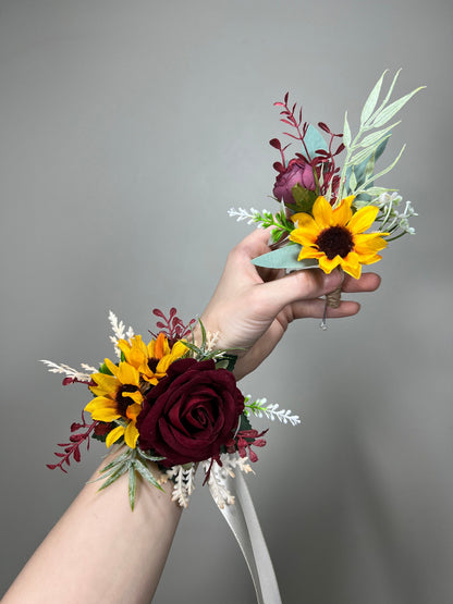 Wedding Bouquet Sunflower Boho Bridal Sunflower Wedding Burgundy Bouquet Bridesmaids Fall Decor Artificial Dried Flowers Baby Breath