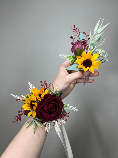 Wedding Bouquet Sunflower Boho Bridal Sunflower Wedding Burgundy Bouquet Bridesmaids Fall Decor Artificial Dried Flowers Baby Breath
