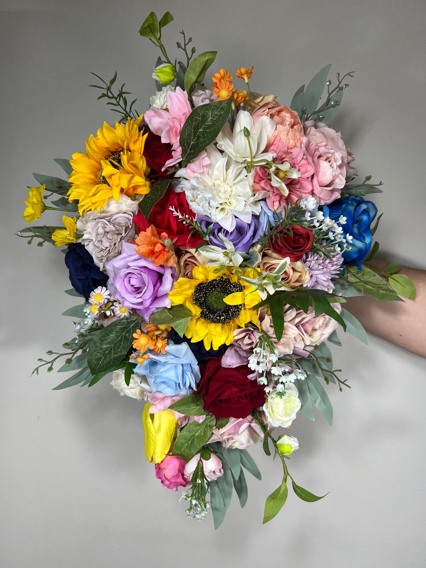 Colorful Bridal Bouquet Rainbow Wedding Bouquet Sunflower Bridesmaids Bouquet Cascading Wild Flower Purple Blue Artificial Flower