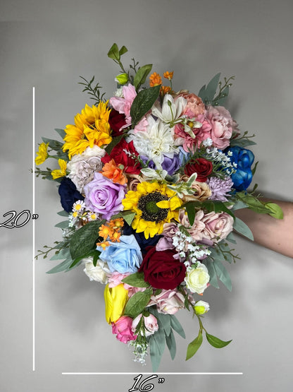Colorful Bridal Bouquet Cascading Rainbow Wedding Bouquet Sunflower Bridesmaids Bouquet Cascading Wild Flower Multicolor Artificial Flower