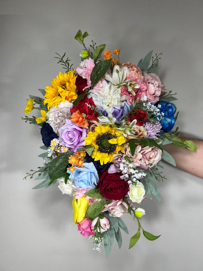 Colorful Bridal Bouquet Cascading Rainbow Wedding Bouquet Sunflower Bridesmaids Bouquet Cascading Wild Flower Multicolor Artificial Flower