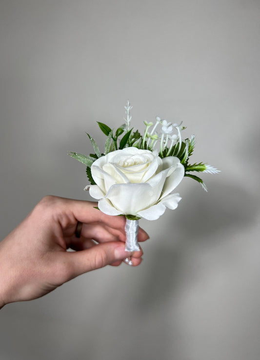 Wedding Boutonniere White Groom Wedding Groomsmen Boutonnière Ivory Artificial Flowers Eucalyptus White Rose Classic Boutonniere