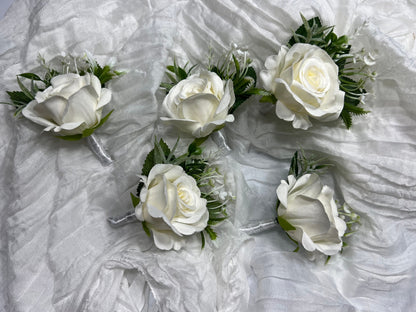 White Boutonniere Wedding Groom Groomsmen Boutonnière Ivory Wedding Artificial Flowers Eucalyptus Cream Rose Prom Boutonniere Off-White