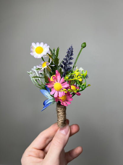 Wedding Boutonniere Wild Flower Groom Pink Groomsmen Boutonnière Hot Pink Blue Boutonniere White Lavender Artificial Flower Wild Camomile