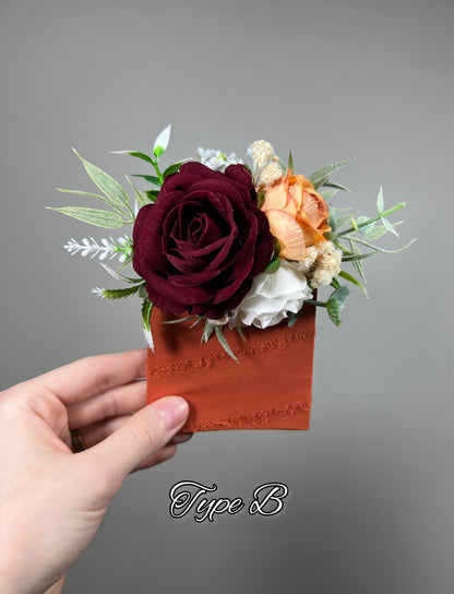 Orange Pocket Boutonniere Terracotta Groom Boutonnière Square Groomsmen Burgundy White Burnt Orange Ivory Boutonniere Red Artificial Flowers