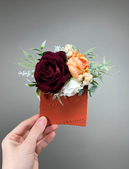 Orange Pocket Boutonniere Terracotta Groom Boutonnière Square Groomsmen Burgundy White Burnt Orange Ivory Boutonniere Red Artificial Flowers