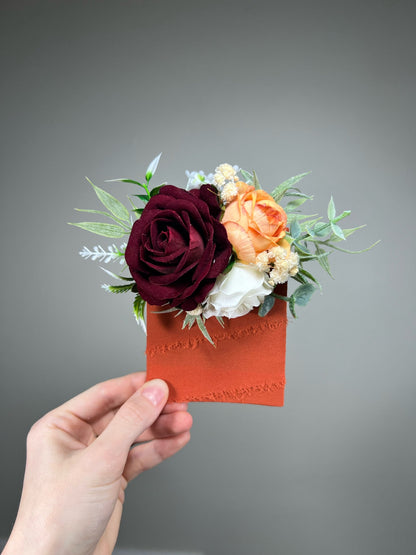 Orange Pocket Boutonniere Terracotta Groom Boutonnière Square Groomsmen Burgundy White Burnt Orange Ivory Boutonniere Red Artificial Flowers