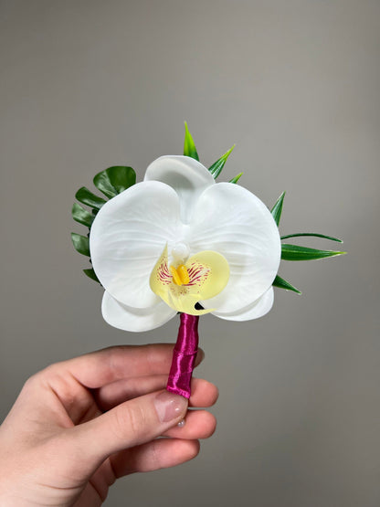 Orchid Corsage Wedding Groom White Boutonnière White Groomsmen Beach Corsage Tropical Monstera Orchid Artificial Flowers