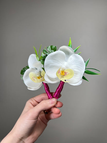 Orchid Corsage Wedding Groom White Boutonnière White Groomsmen Beach Corsage Tropical Monstera Orchid Artificial Flowers