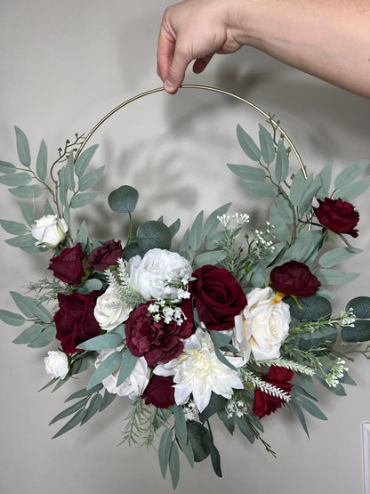 Floral Hoop Burgundy Wedding Bridal Hoop White Bridesmaids Ring Maroon Wreath Flower Girl Ivory Burgundy Artificial Flower White Hoop