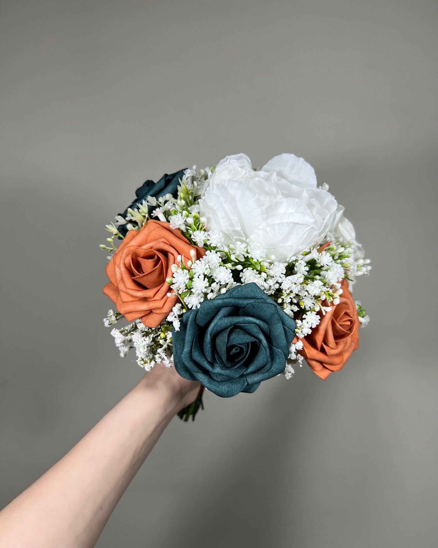 Burnt Orange Bouquet Wedding Dark Teal Bridesmaids Bouquet Terracotta White Bouquet Rust Dark Teal Bouquet Baby Breath Artificial Flower