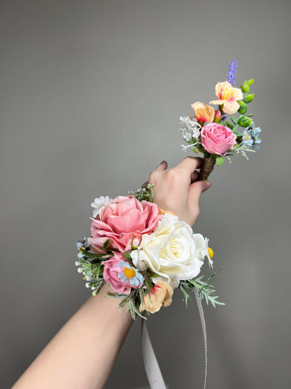 Summer Wedding Bouquet Wild Flower Pink Bridal White Spring Bouquet Pink Blush Blue Bridesmaids Bouquet Gerbera Wild Flower Artificial